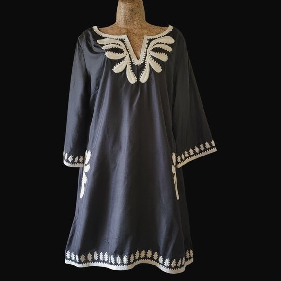Silk Black & White Embroidered Tunic Dress With 3/4 Sleeves Size XL - Picture 1 of 13